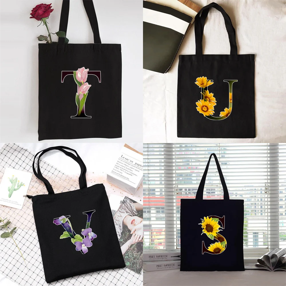 

Shopping Bag Women Canvas Shopper Shoulder Bag Eco Handbag 2022 Organizer Tote Bag Commute Grocery Bag Flower Color Letter Print