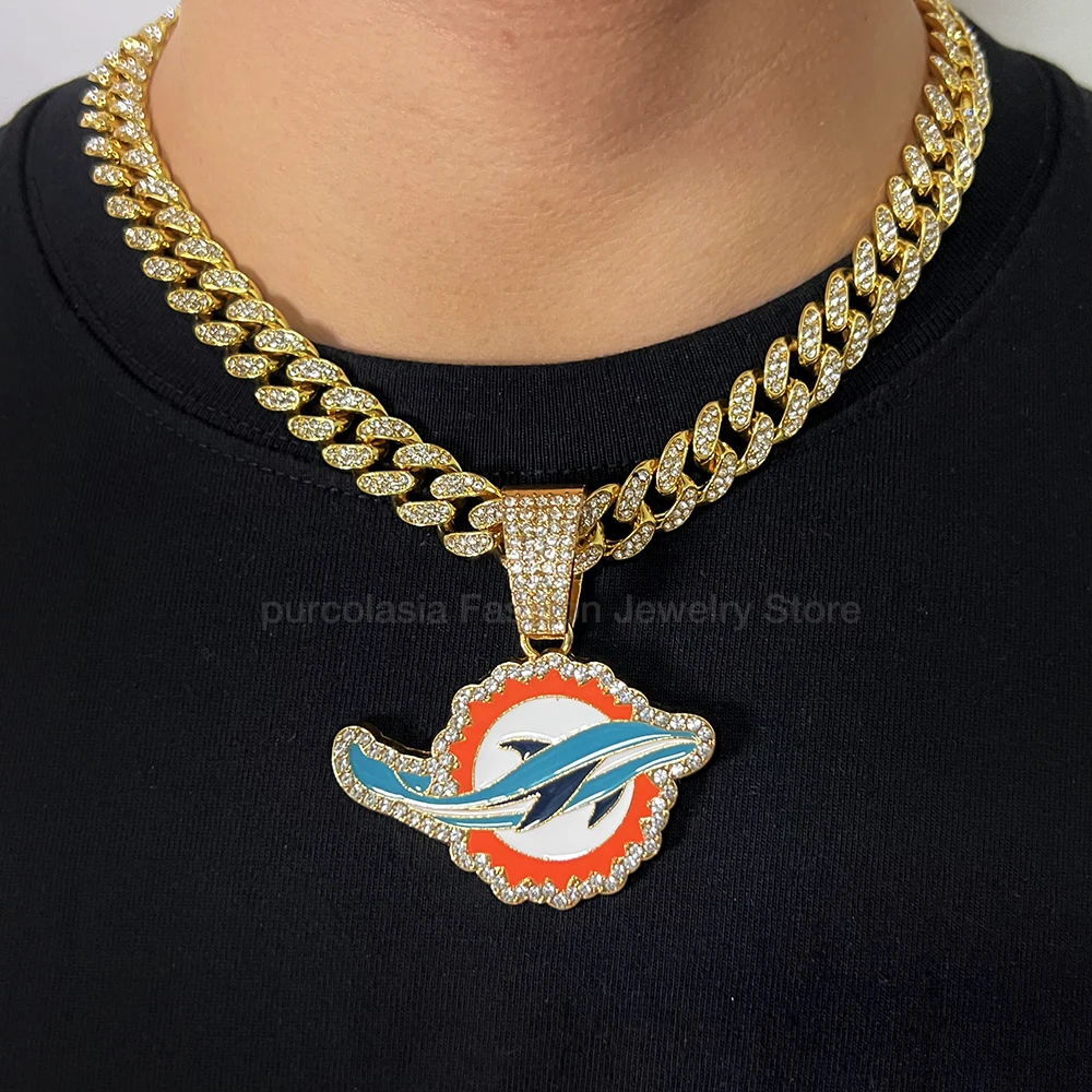 Purcolasia Hip Hop Iced Out Football Dolphin Pendant With Cuban Chain Necklaces Fashion Punk Cool Jewelry