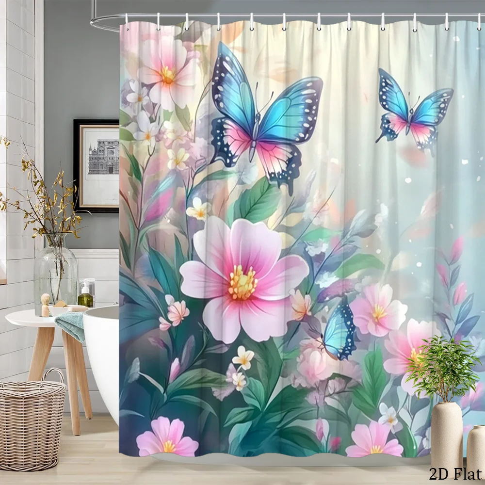 

Floral Butterfly Print Shower Curtain Waterproof Bathroom Decor Curtain Aesthetic Nature Botanical Tropical Shower Curtain