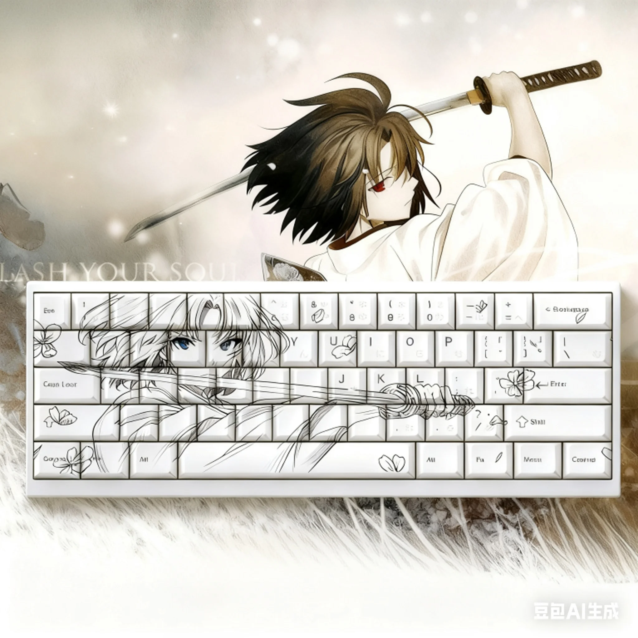 

98 Keys Ryougi Shiki Keycaps Set Cherry PBT Game Key Cap Side Print Translucent for Mechanical Keyboard Wooting Made68 Mad60