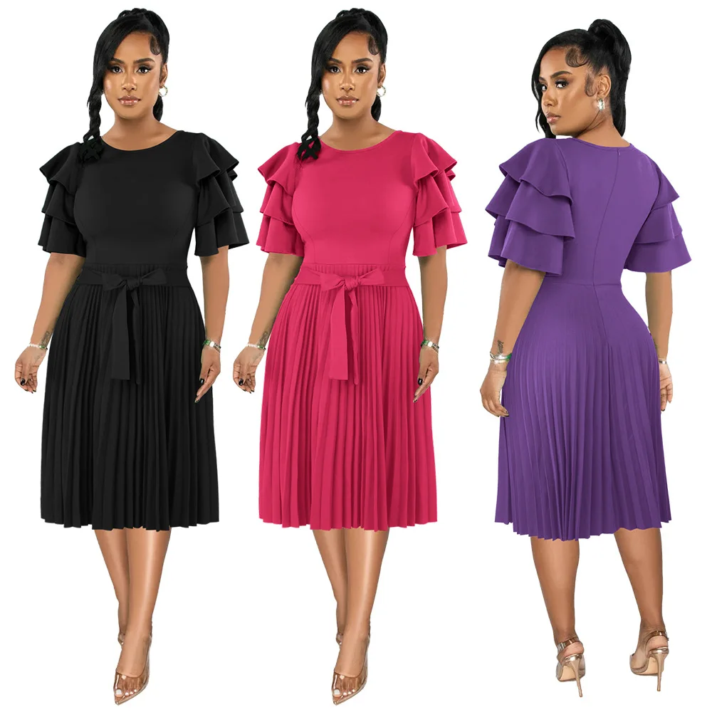 

BKLD Summer New Women Clothing Fashion Temperament Party Slim Round Neck Ruffled Short Sleeve Pleated Dress Solid Color