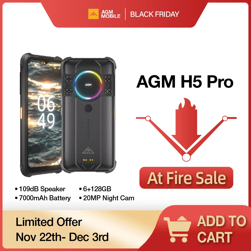 هاتف AGM H5 Pro Rugged Helio G85 الذكي، 6.56 بوصة HD+، 6 جيجابايت + 128 جيجابايت، كاميرا بدقة 48 ميجابكسل، 7000 مللي أمبير في الساعة مع مكبر صوت NFC/IP68، ومكبر صوت 109 ديسيبل ورؤية ليلية