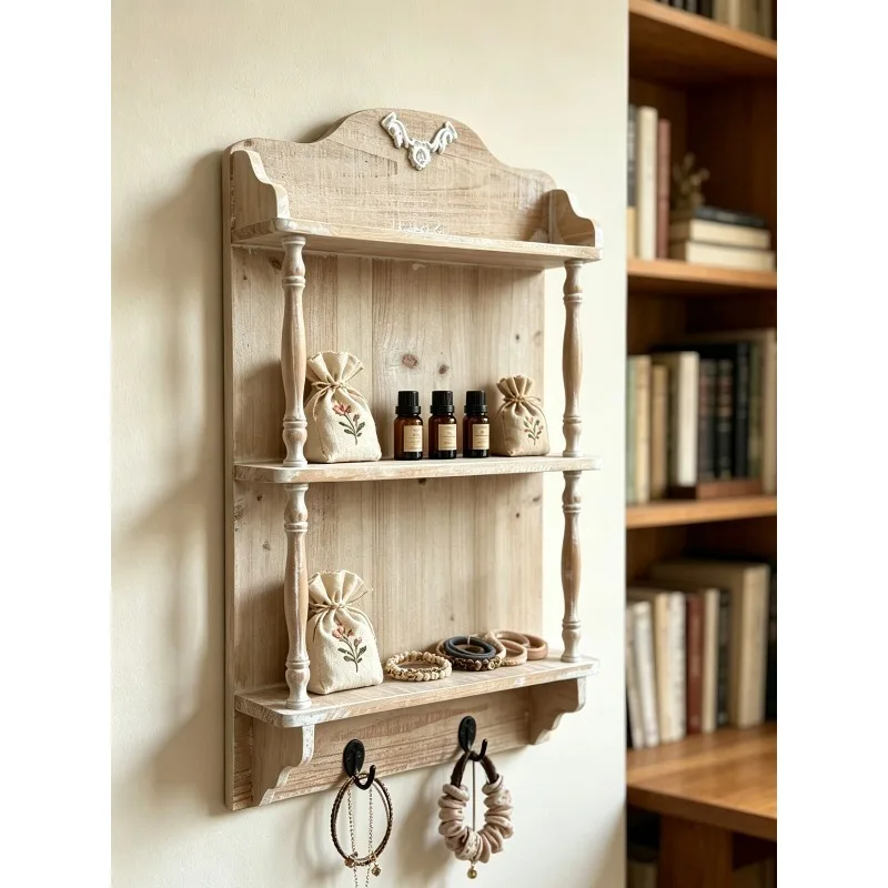 French rural retro carved old solid wood three-layer wall hanging rack storage rack display rack with hook