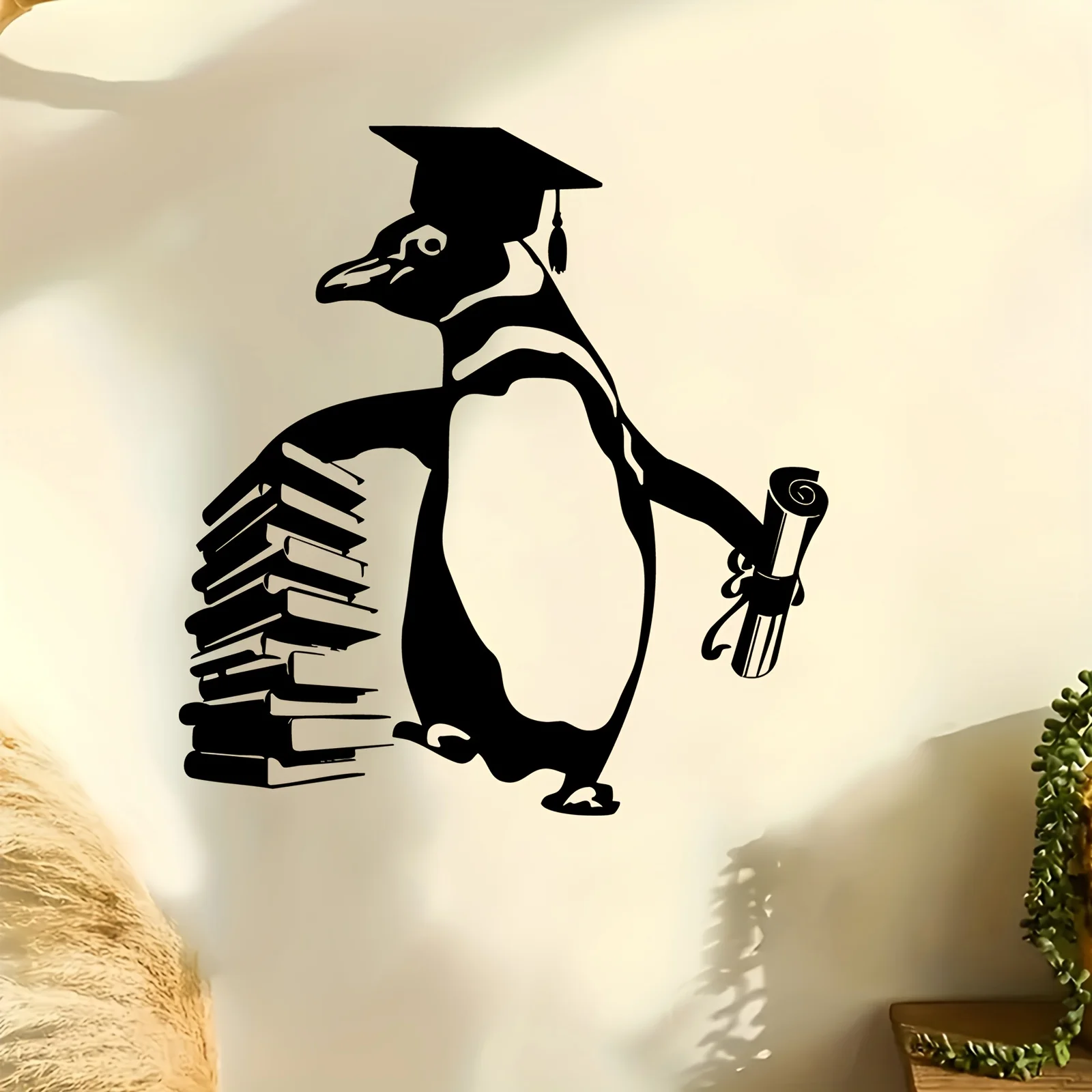 Educational Penguin Metal Wall Art,2D Flat Laser‑Cut Silhouette,Weather‑Resistant Iron Wall Mural