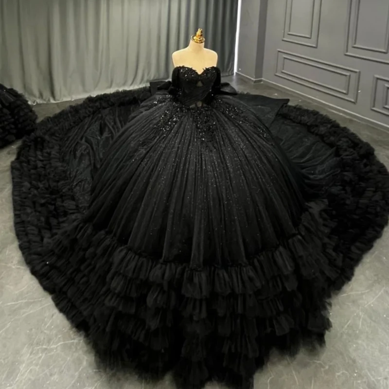 

Черное блестящее бальное платье Quinceanera с открытыми плечами и аппликацией из бисера и бантом, многоуровневое тюлевое бальное платье Vestidos De 15 Anos Sweet 16 Dress