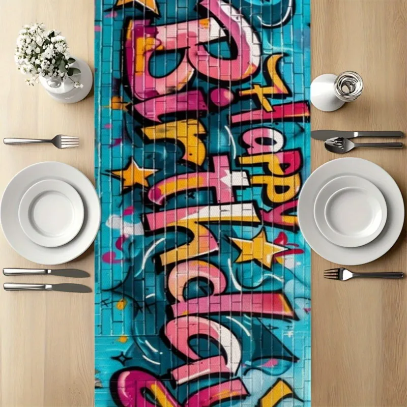 VIKAMA Turquoise Graffiti Birthday Table Runner, Art Letter Rectangular Dining Table Cover for Kids Birthday Party Decor