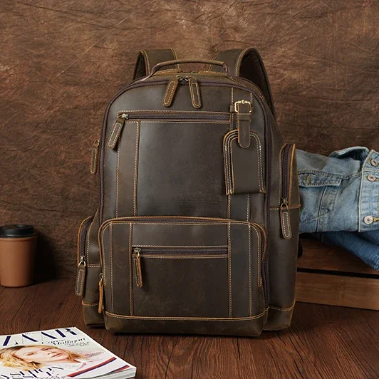 Vintage Design Wholesale Full  Grain Crazy Horse Genuine Leather Cow Backpack Bag Men  15.6 inches Laptop 