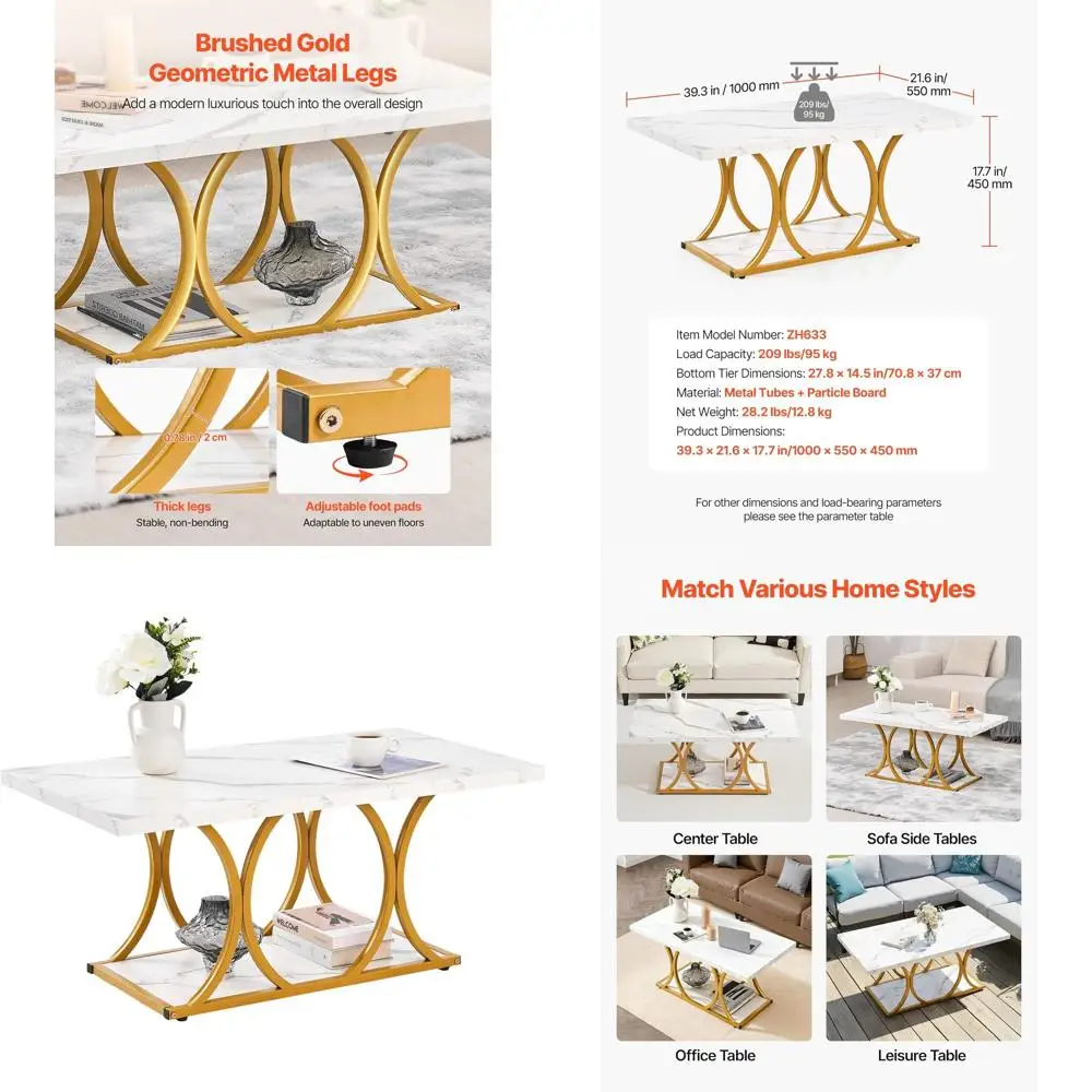 

Coffee Table, Modern Faux Marble Coffee Table, 2-Tier Rectangle Center Desk with Geometric Legs, Minimalist Sturdy Metal Frame A