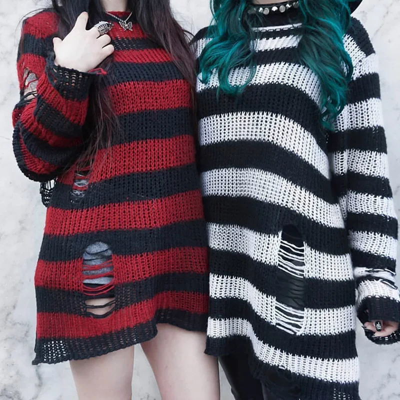 Black And Pink Stripes Gothic Grunge Y2k Streetwear Frayed Sweaters Clothes Women Oversize Loose Lolita Knitted Pullover Women