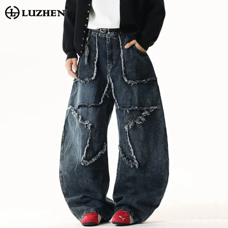 

LUZHEN Burr пятиконечная звезда с узором в стиле пэчворк, свободные прямые джинсы для мужчин, новинка 202, уличная одежда с градиентом, джинсовые брюки JY4252