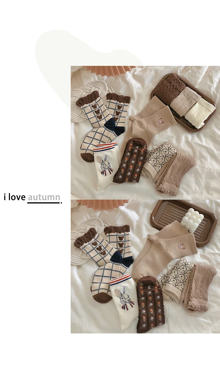 5 Paar Baumwoll-Bärensocken für Damen, Niedliche Cartoon-Tiersocken, Kawaii Mode Japanische Rautensocken – Detail 7