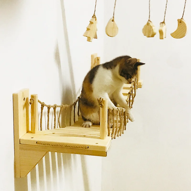 100cm Cat Bridge Climbing Frame Wood Pet Cat Tree House Bed Hammock Sisal Scratching Post Cat Furniture Cat Toy Wall Mounted