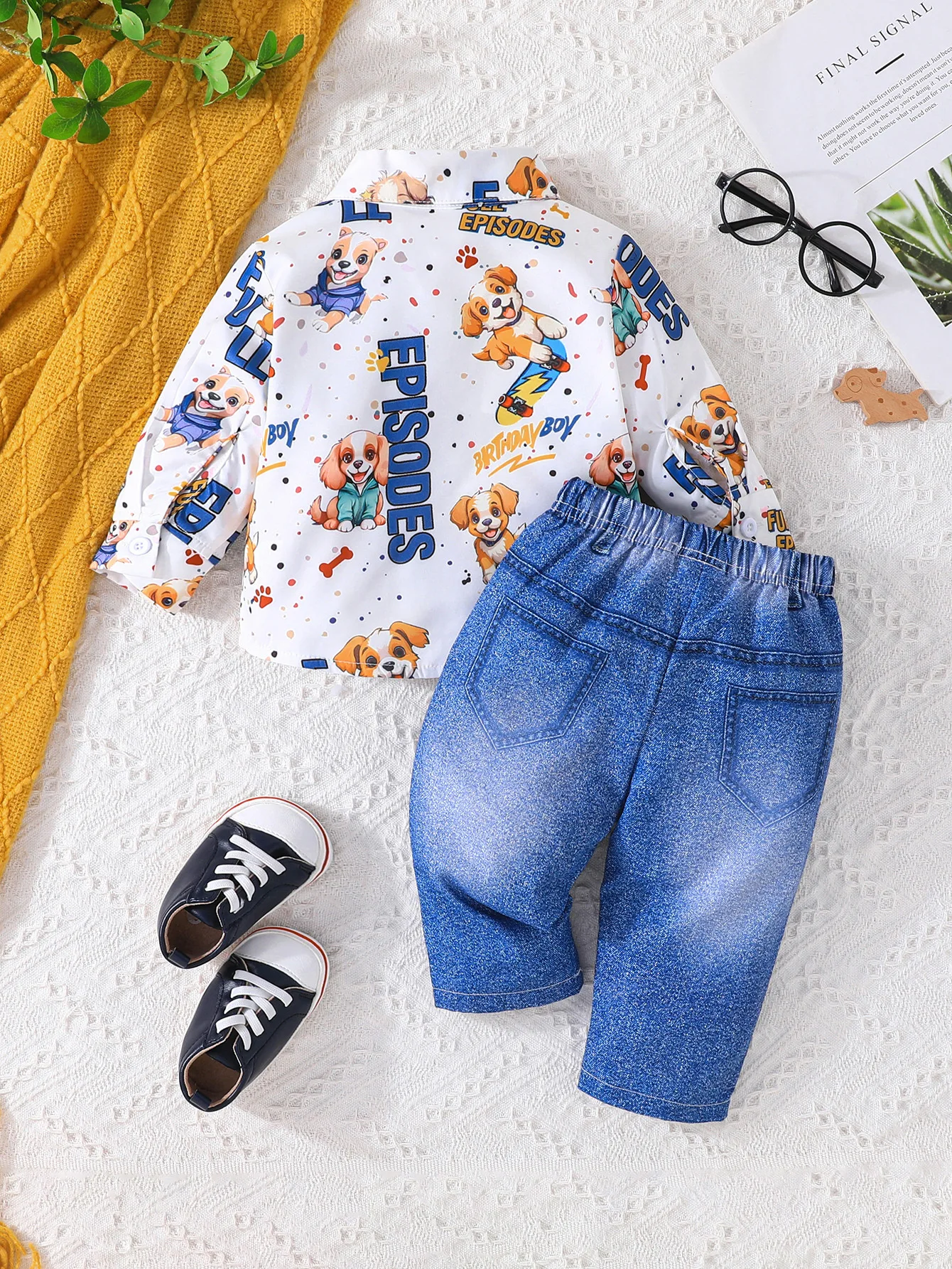 Conjuntos de ropa para recién nacidos, camisa de manga larga con solapa de perro de dibujos animados, Tops y pantalones vaqueros, ropa informal para niños pequeños