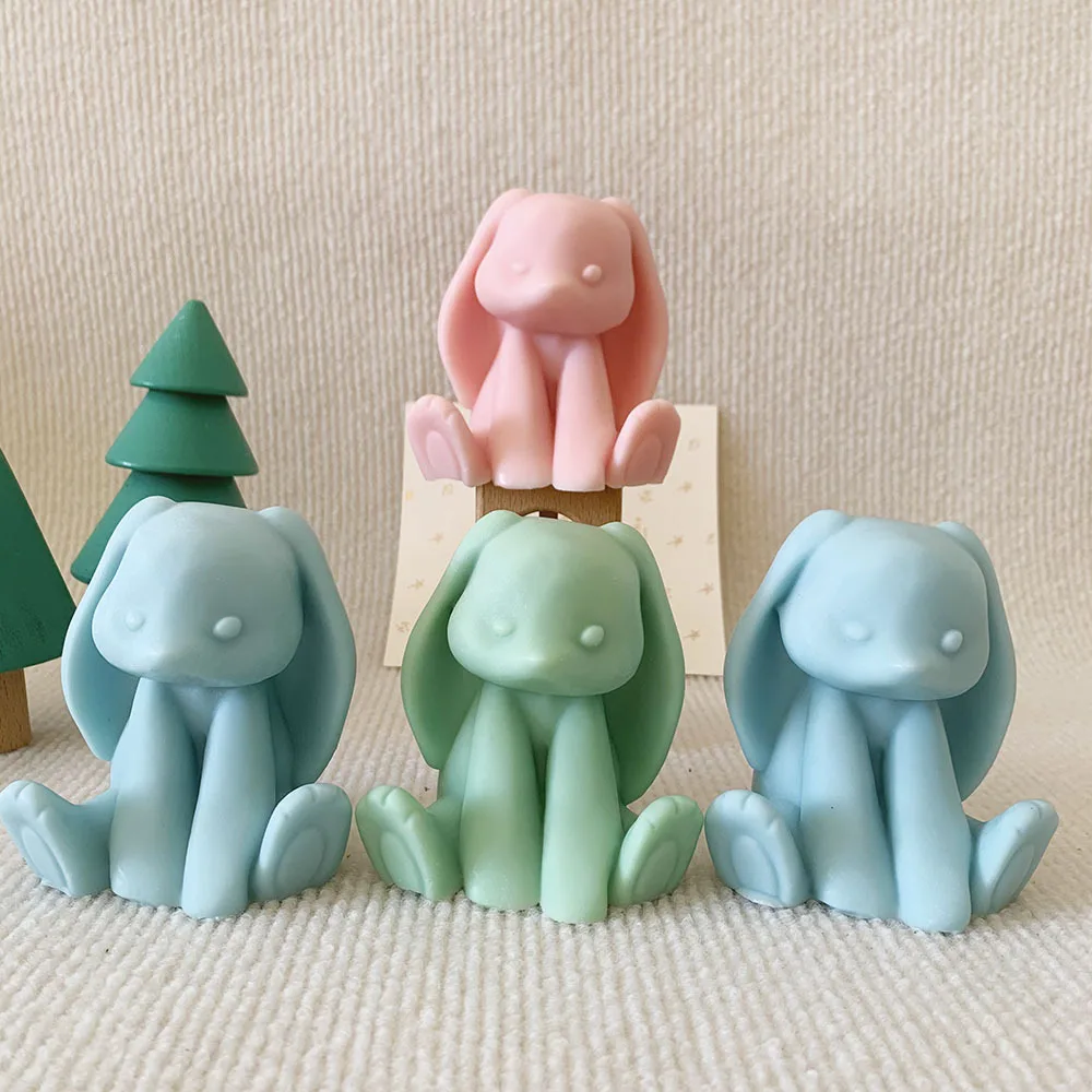 3D Long-eared Rabbit Silicone Mold Handmade Sitting Rabbit 3D Bunny Scented Candle Mould Soap Resin Crafts Mold Easter Gift