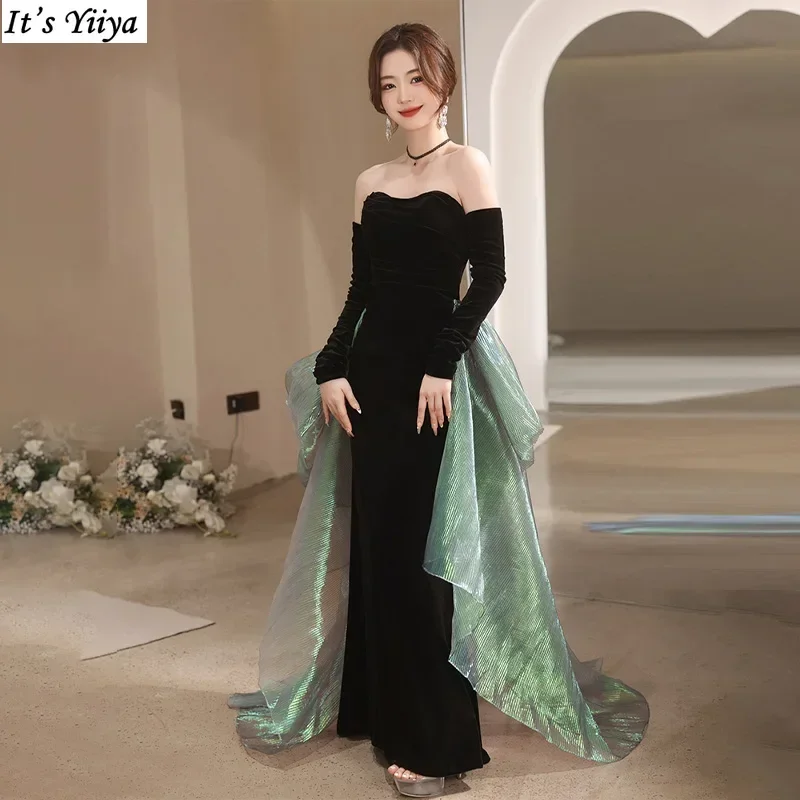 

It's Yiiya Customized Evening Dress Black Flannel Mermaid Floor-Length Zipper Back Plus size Trail Woman Party Formal Gown A2767