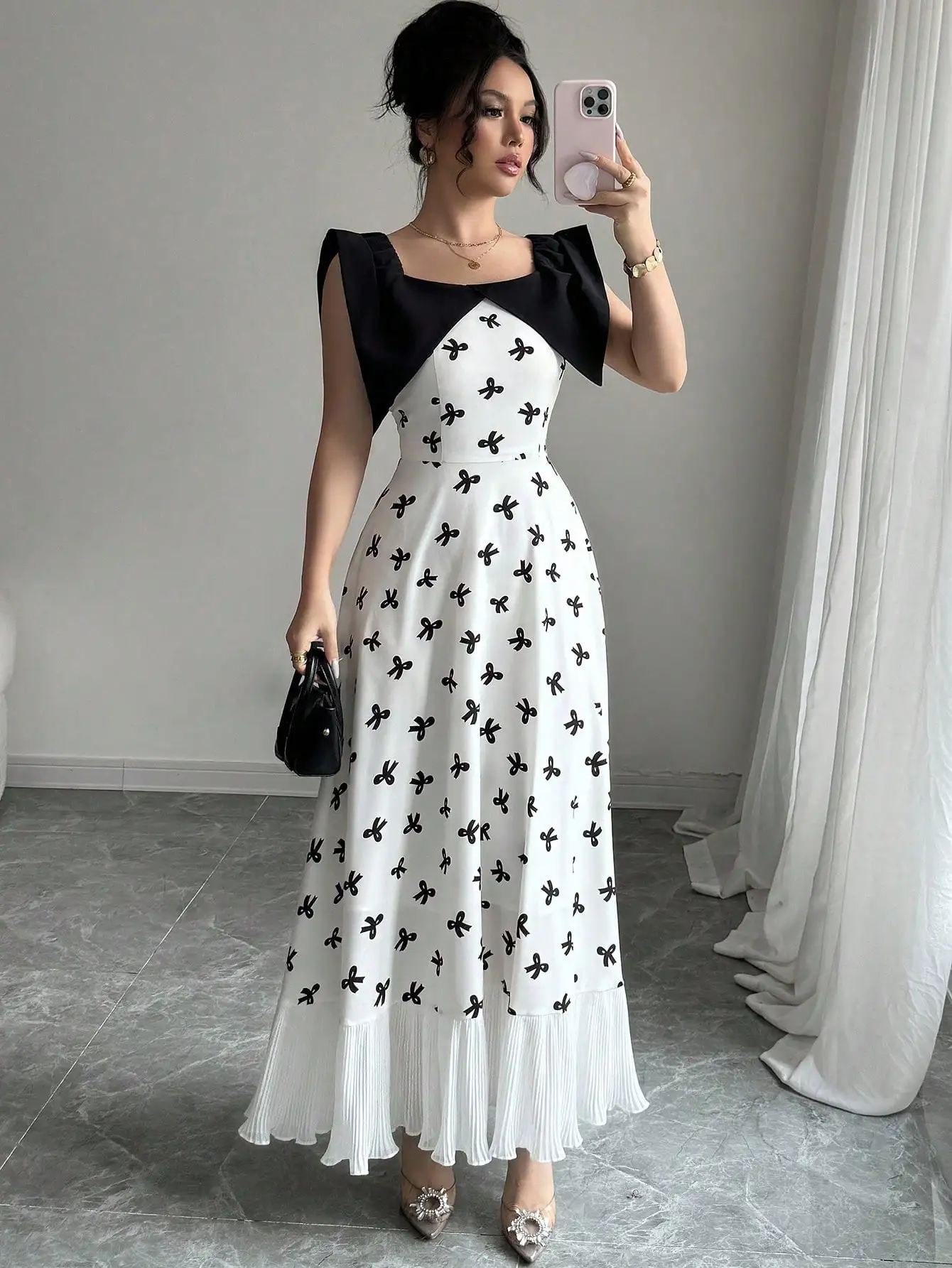 Women's Contrast Color Square Neck Sleeveless Woven Long Dress Bow‑Print Pattern with Pleated Ruffle Hem Elegant Dress for Party