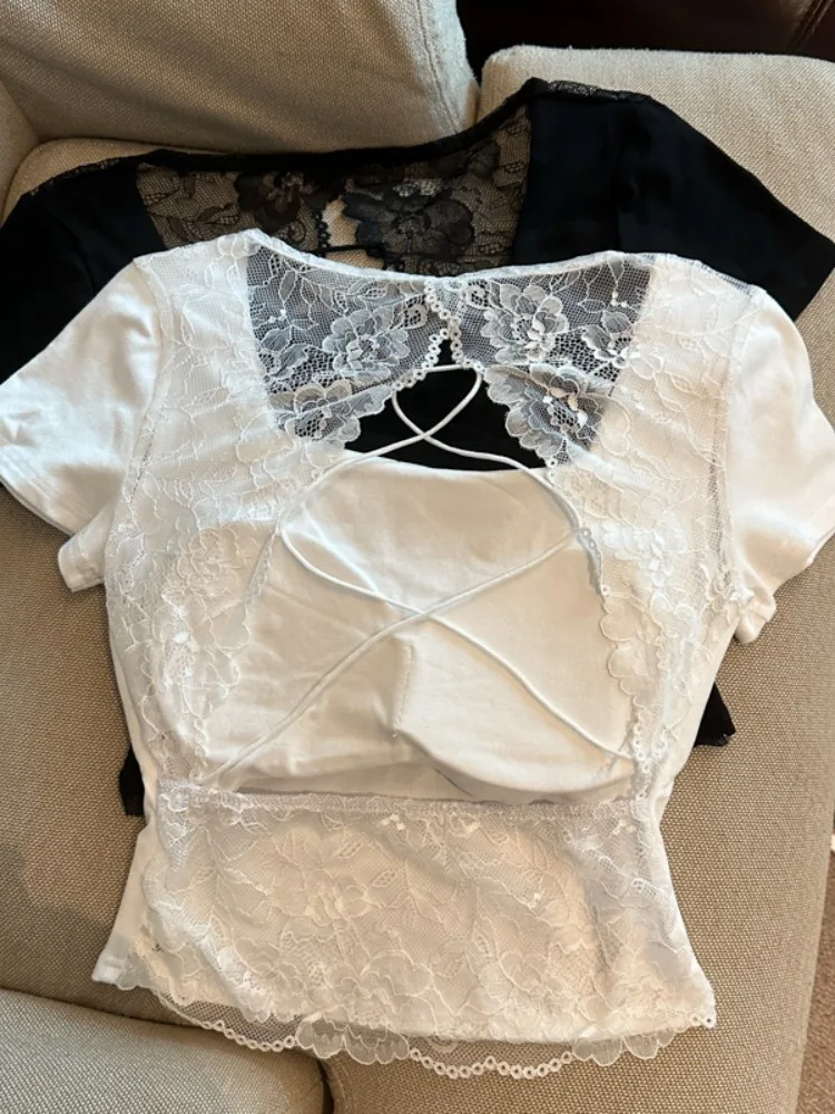 

Sexy Backless Lace Trim Short T-Shirt Women's Summer New Pure Desire Hollow out Design Inner Wear Bra Pad Knitted Top Citywalk