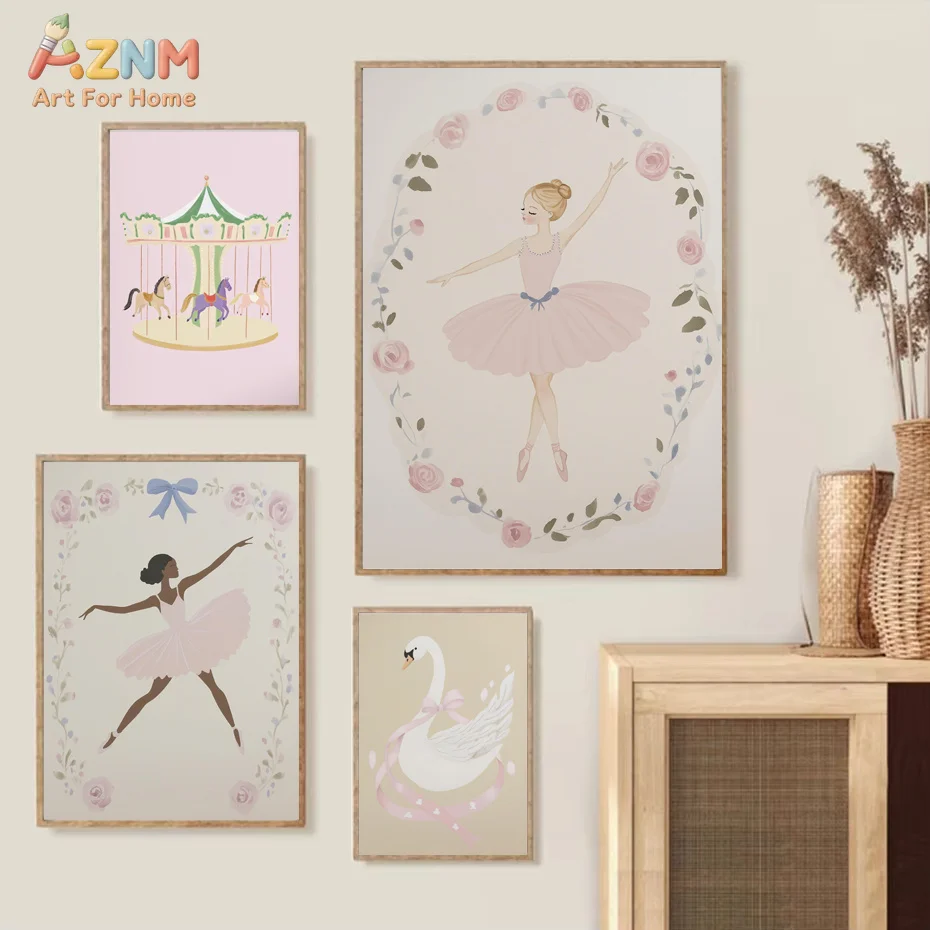 AZNM Pink Ballerina Carousel White Swan Canvas Wall Art Print Floral Bow Ballet Dancer Illustration Girls Bedroom Nursery Decor