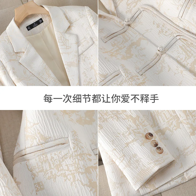 Herfst Winter Vintage Chinese Stijl Beige Print Elegante Festival Blazers Vrouwen Lange Mouw Single Breasted Jas Mode Populair