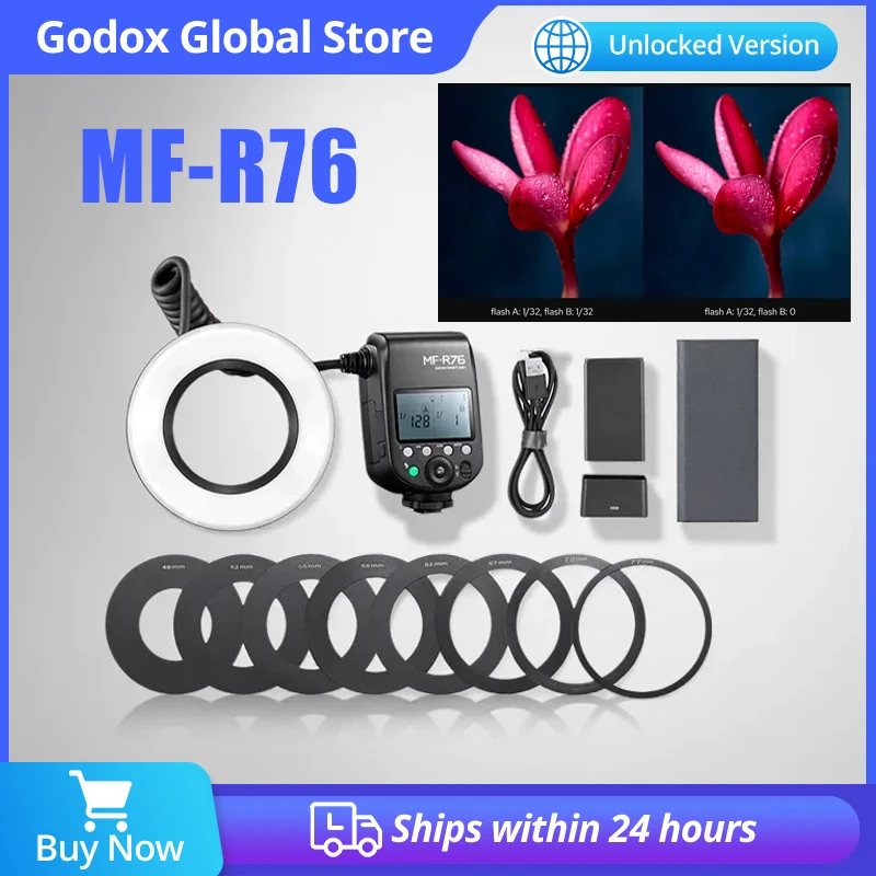 Godox 5000K Macro LED Ring Light RING76 MF-R76 Flash Speedlite para Cámaras Sony Canon Nikon 5D 6D 7D 60D 70D 80D D850 A7MIV