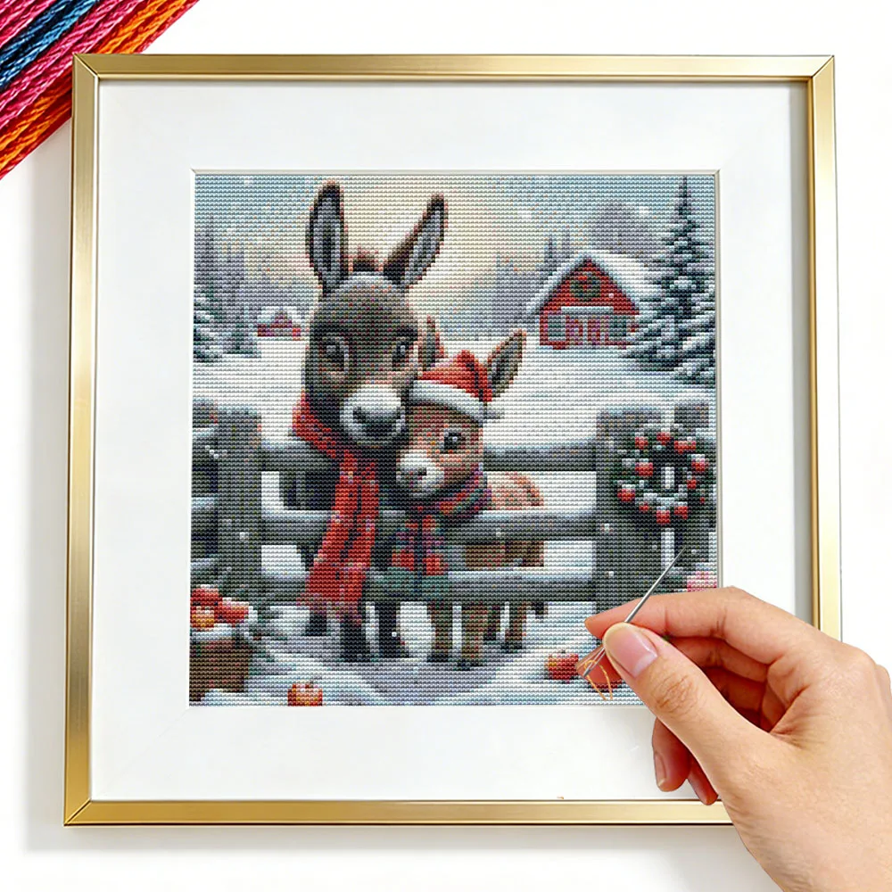 Embroidery Sets Donkey Animal Winter Snow Printed Canvas Needlework Threads Cross Stitch Kits Christmas 11CT Wall Decor