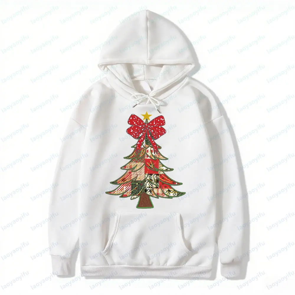 Felpe con cappuccio retrò per albero di Natale Felpe patchwork natalizie vintage Buon regalo di Natale Abbigliamento Top casual alla moda da donna