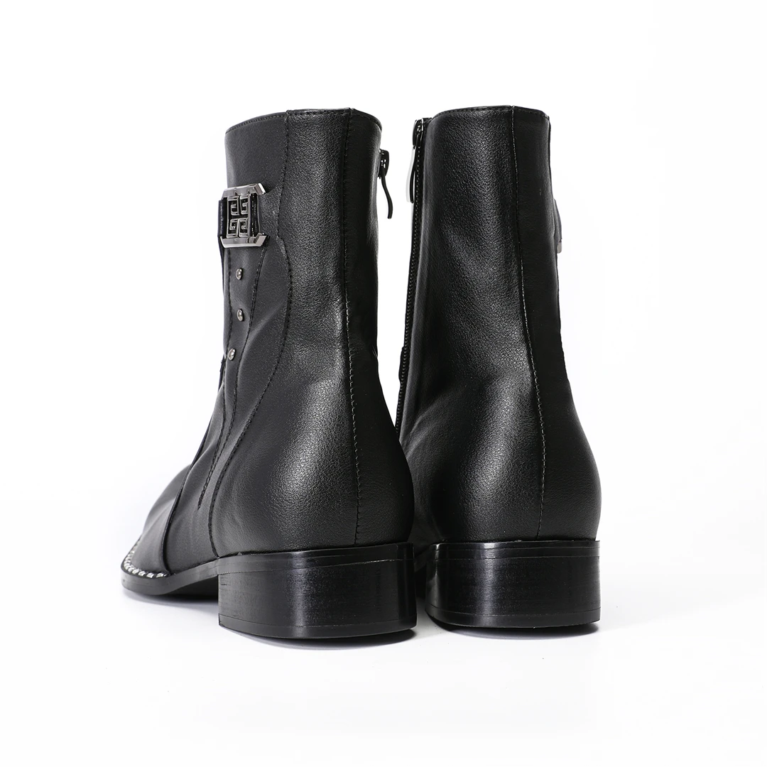 fashion black pointed toe men genuine leather ankle boots man zipper motorcycle short boots male formal business dress shoes view 5