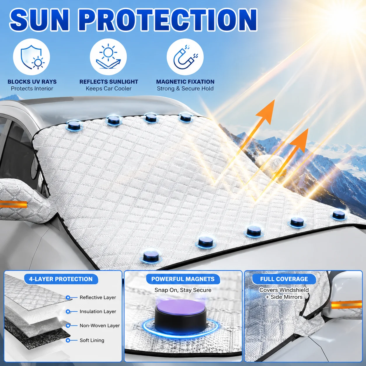 Car Magnetic Windshield Snow Cover 5-Layer Waterproof Windproof Windscreen Protection Cover Universal Snow Shield for SUV/Sedan