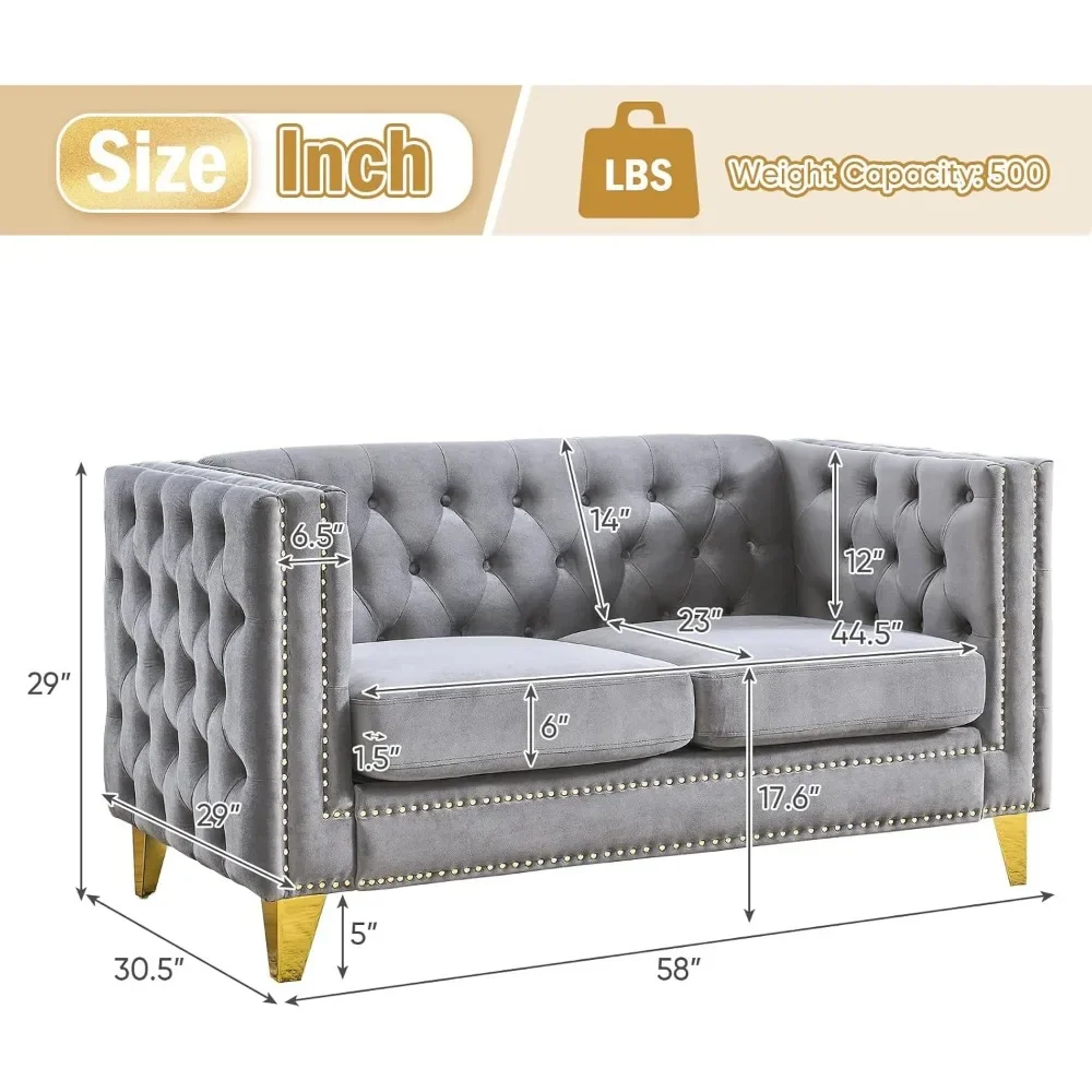 Sofa Ruang Tamu Beludru Set 2, Sofa dengan Punggung Berumbai dan Dekorasi Paku Keling, Sofa dengan Kaki Meruncing Logam Emas Solid, Sofa