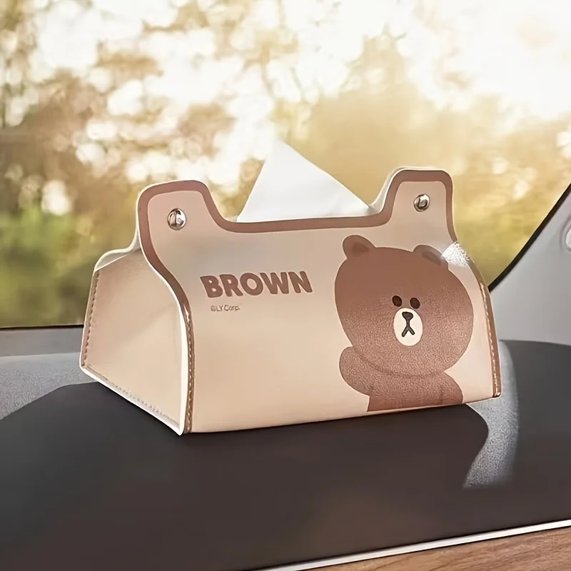 An E FRIENDS Brown Bear&Choco PU Leather Cover, Suitable For Home And Office, Cute Cartoon Design Tissue Box