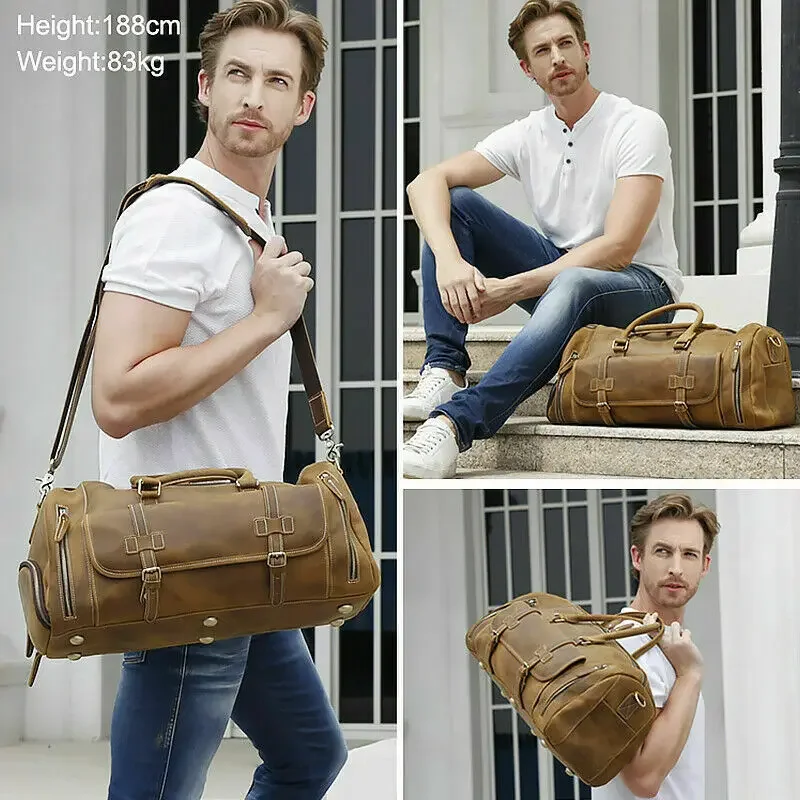 High Quality Hot Selling Brown Full Grain Genuine Leather Travel Duffel Real  Duffle Bag With Shoe Compartment