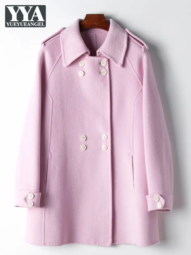 Women Fashion Woolen Coat Double Breasted Long Sleeve Lapel Autumn Winter New Straight Medium Length Office Ladies Casual Jacket