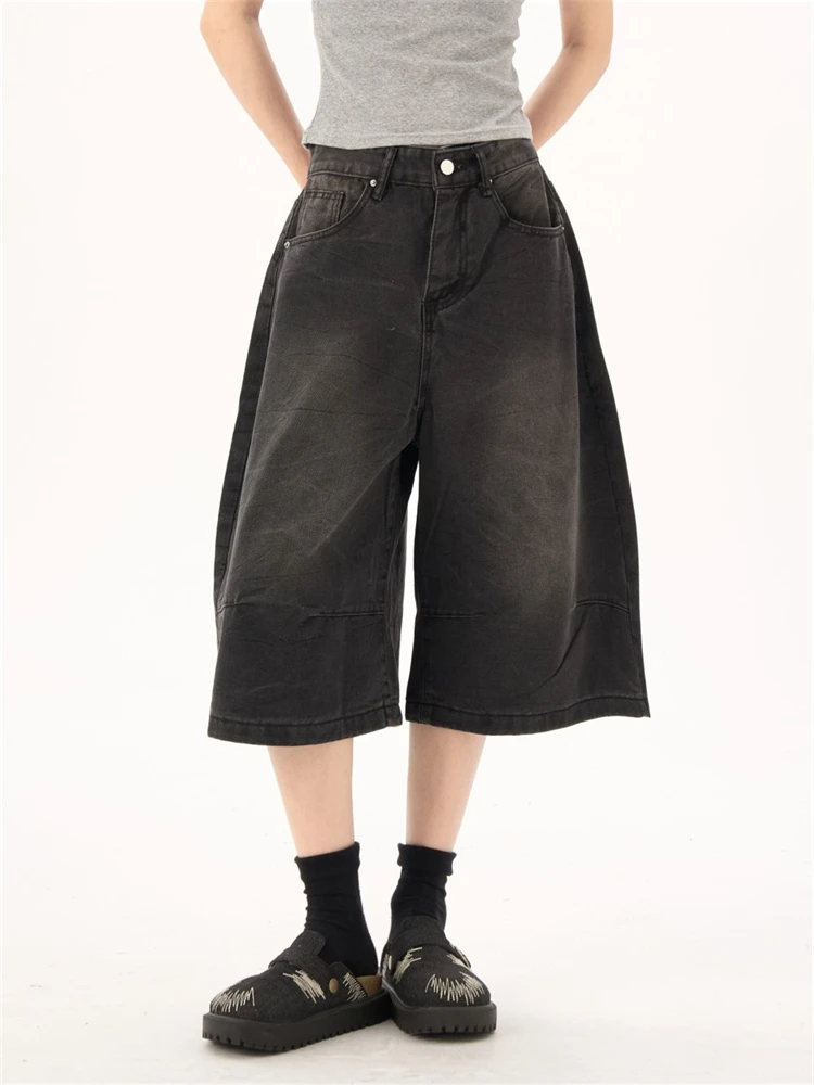 

Women's Summer Loose Unisex Black Denim Shorts Cropped Jeans Cool Girl Wide-leg Calf-length Pants Female Capris Trousers