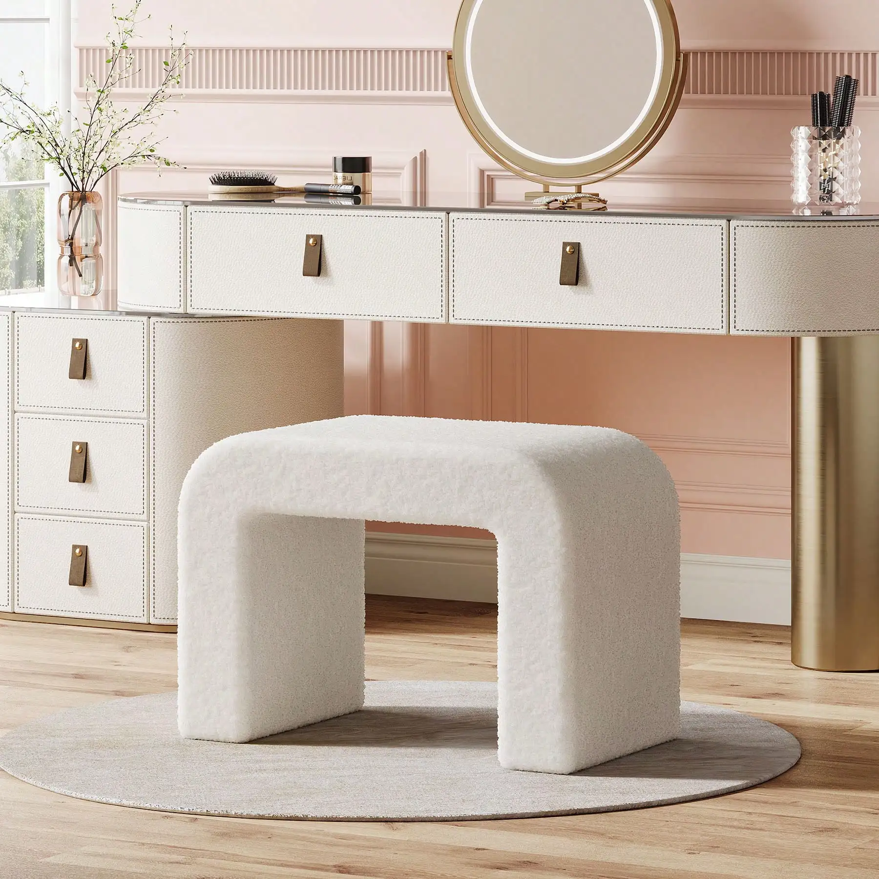LITTLE TREE UpholsteredVanity Stool, Modern White Ottoman, Arched Footstool, Sofa Footrest, Extra Seat For Living Room, Dressing Chair, Shoe Stool For Entryway, Bedroom, Makeup Room, Fully Assembled, White