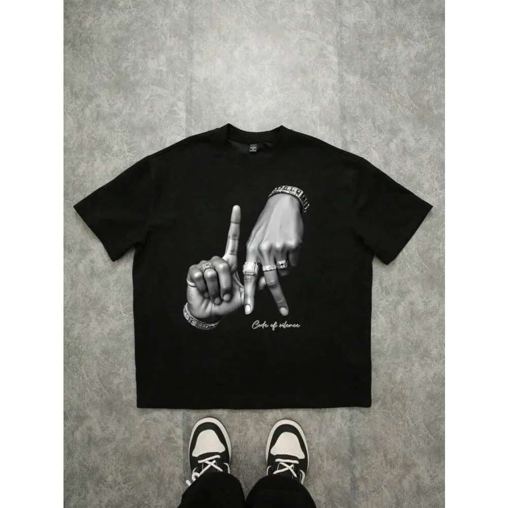 Herren Oversized T-Shirt mit Gesten-, Diamantring- und Armbandmuster, Hip-Hop, High Street, Retro, lockerer Rundhalsausschnitt, lässiges Sommer-Oberteil – Detail 1