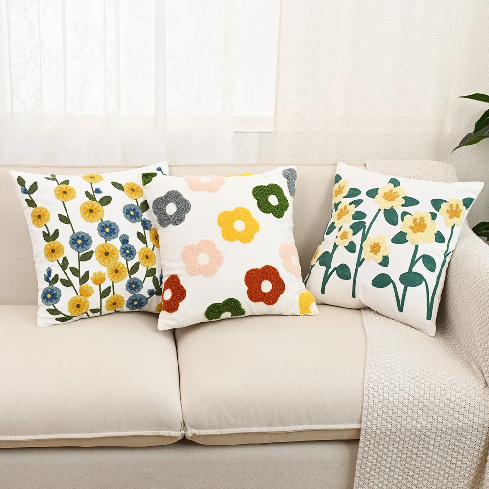 INS Flower Towel Embroidered Pillow Cover 45x45cm Nordic Pure Cotton Cushion Waist Cover Living Room Sofa Decorative Pillowcases