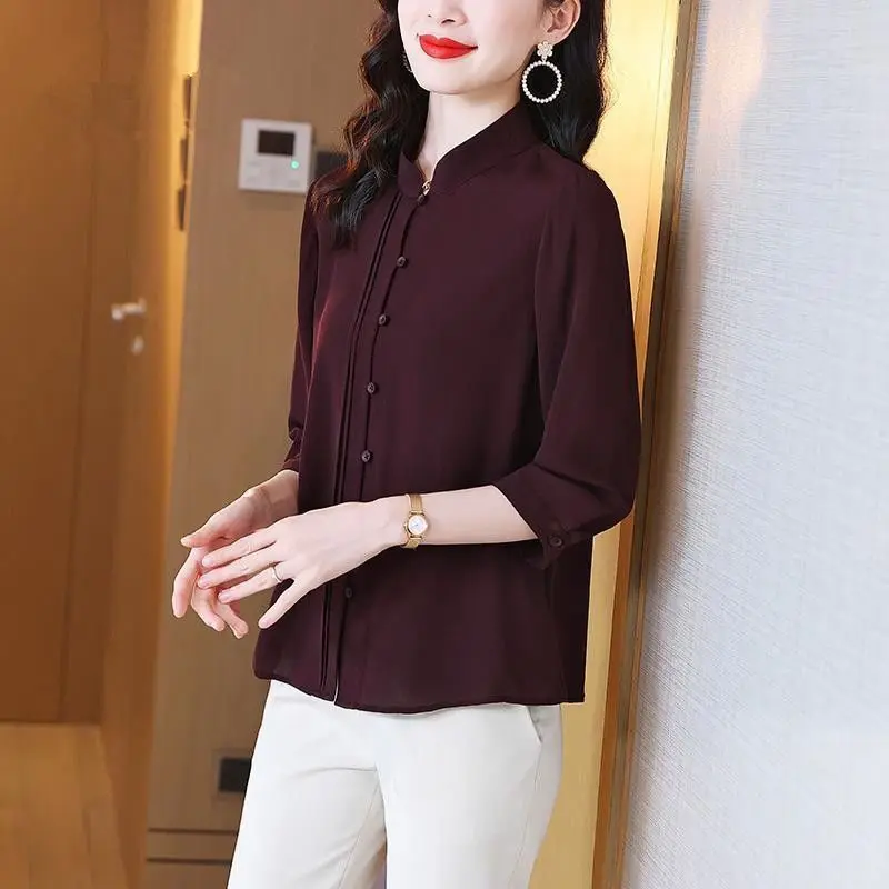 Temperament Office Lady Blouses Summer Thin Loose Button Three Quarter Sleeve Stand Collar Solid Fashion Casual Women\'s Clothing