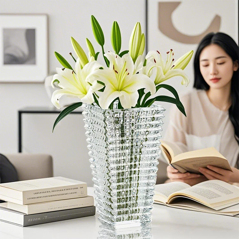 Crystal Glass Flower Vase Luxury Living Room Decorative Item Large Diameter Rose Peony Flowers European Sle Home Decoration