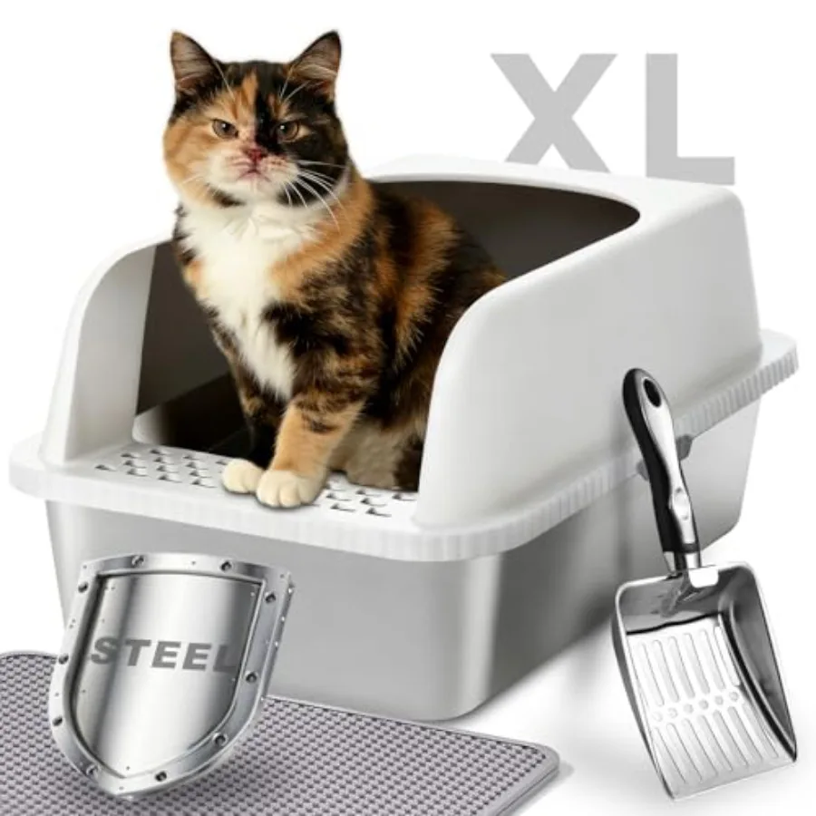 

Stainess Stee Cat itter Box with id 20" x 14.2" W x 12" H Extra arge Encosed itter Box for Cats High Sided Anti eakage Non-Stic