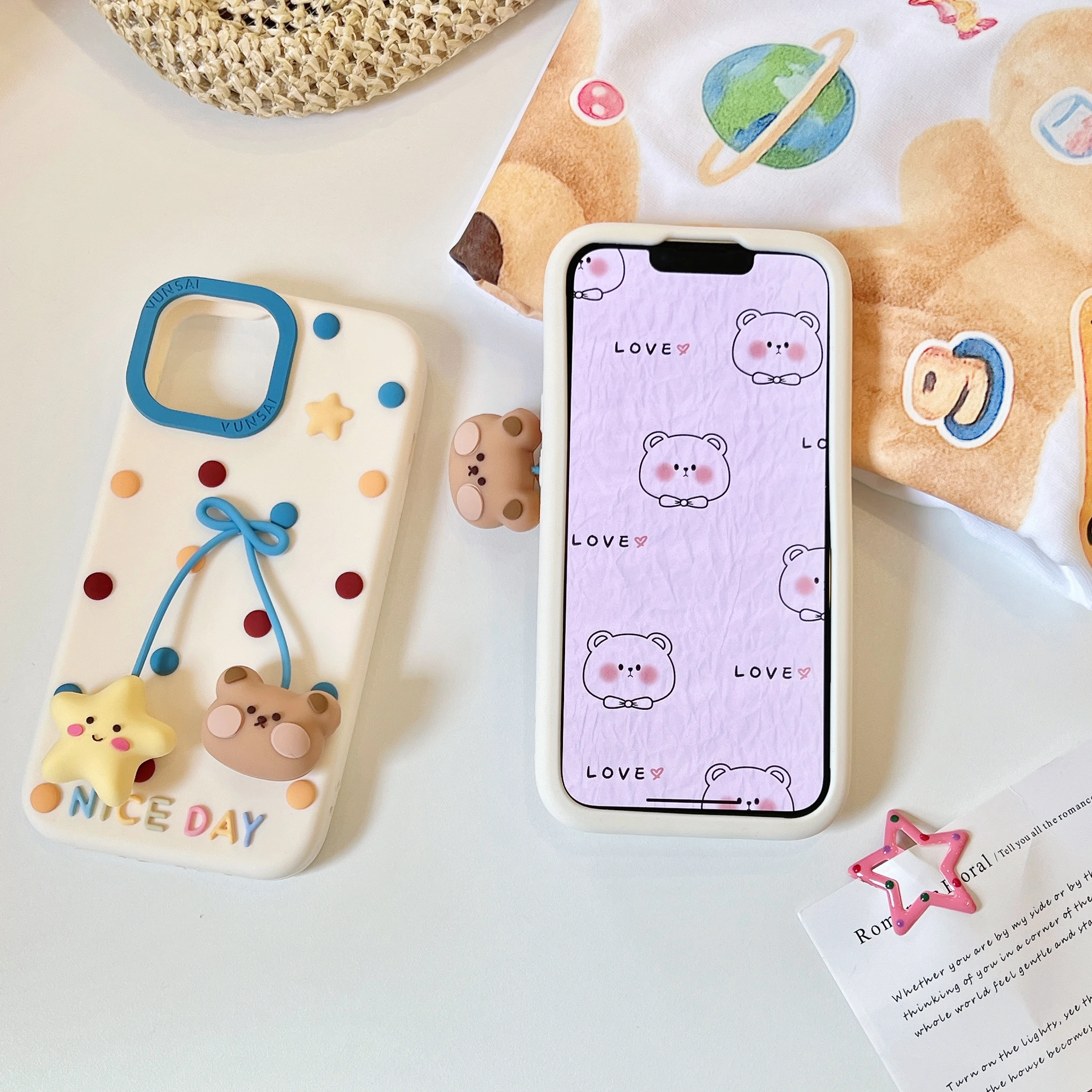 

3D Bear and Star Pendant Shockproof Back Cover Cute Cartoon Silicone Soft Phone Case For iPhone 16 15 14 13 12 Pro Max 17Promax