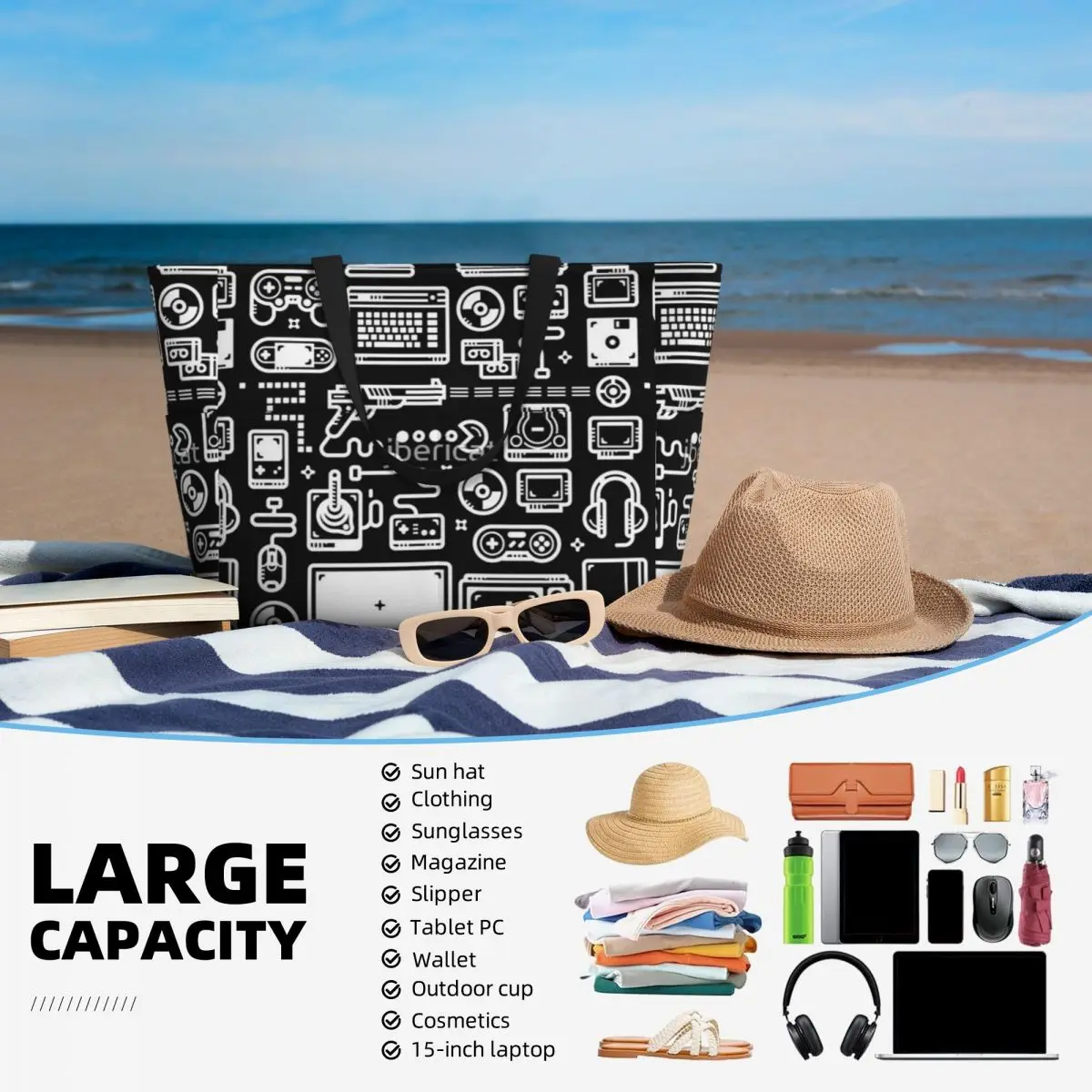 Retro Gamer console per videogiochi borsa da viaggio da spiaggia, Tote Bag Shopping personalizzabile regalo di compleanno quotidiano modello Multi-stile