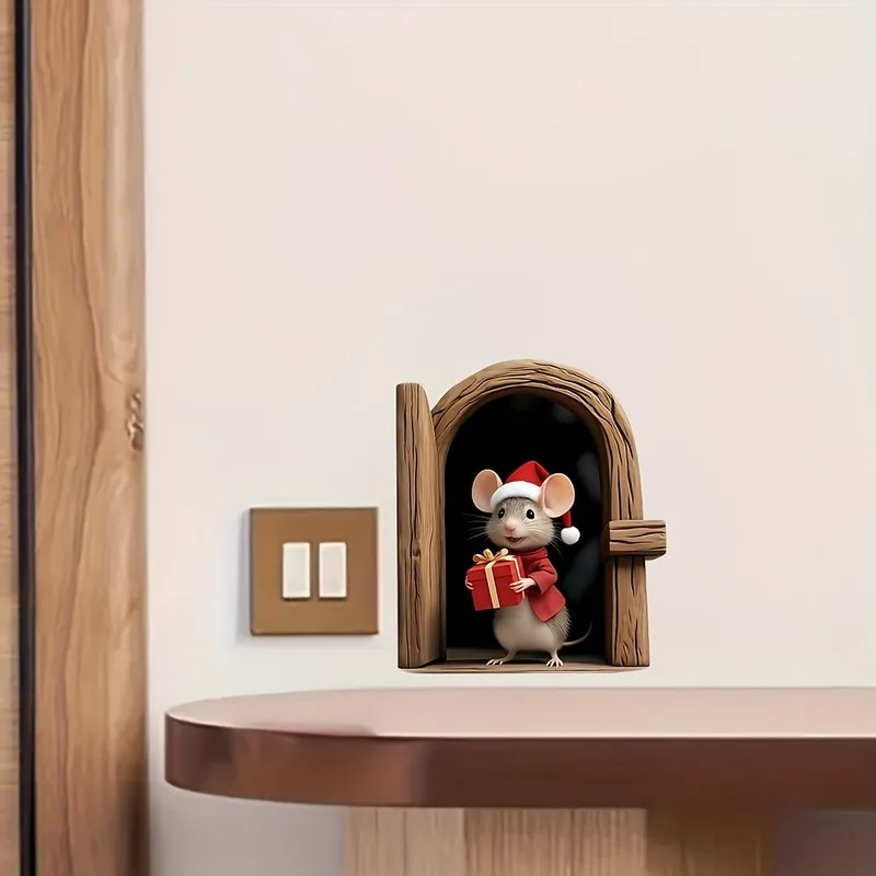 VIKAMA Two Cute Mice Opening Doors Wall Sticker, Xmas Self-Adhesive Decor for Living Room Bedroom Dorm