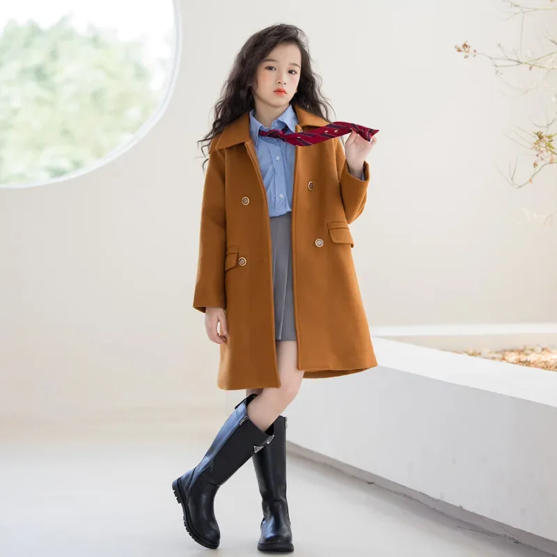 Teenage Girls Woolen Coats Mid-length Caramel Color Casual Fashion Children's Jacket Autumn Winter College Style Kids Outerwear