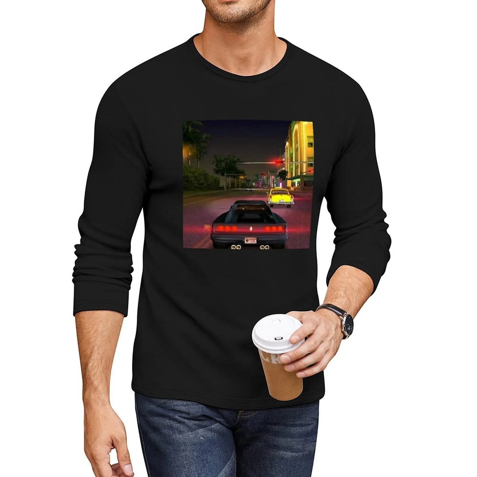 Vice city night drive Long T-Shirt aesthetic clothes hippie clothes funny t shirts graphic t shirt Men's cotton t-shirt