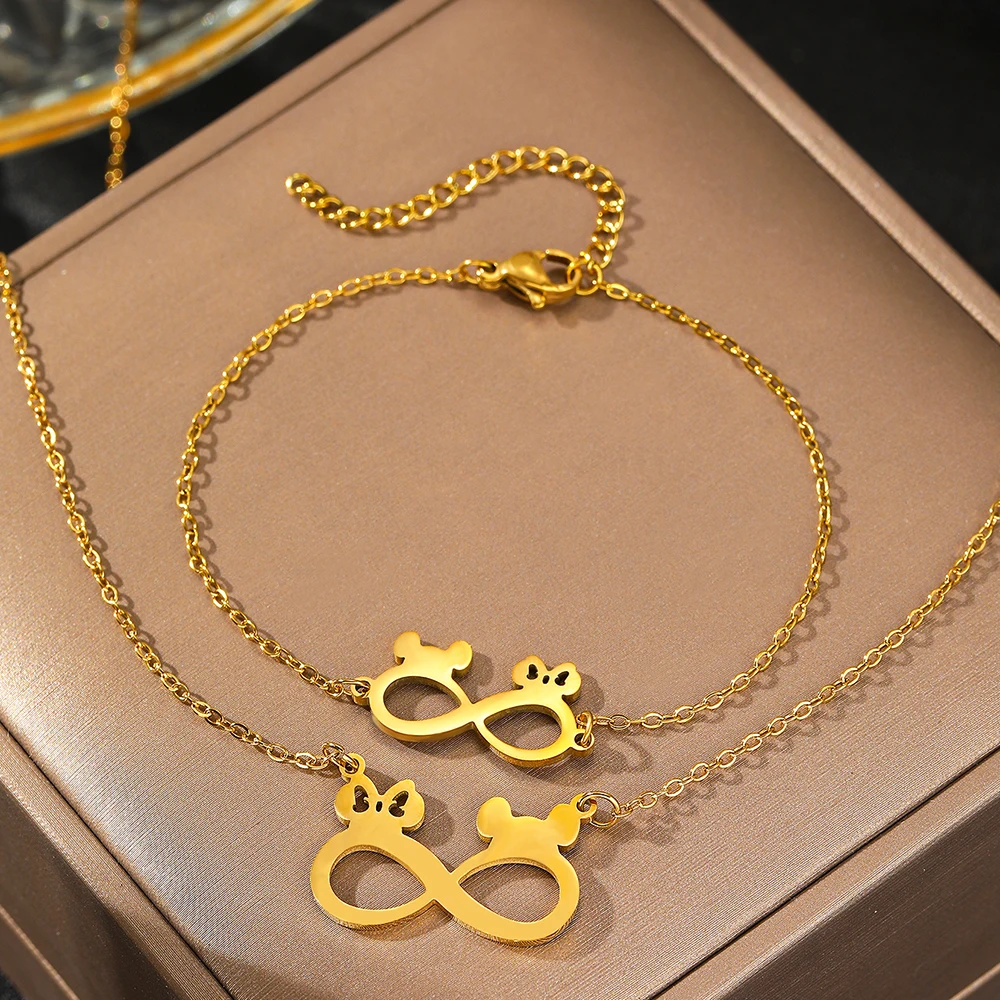 Stainless Steel Necklaces Set Mickey Ears Pendant Chain Fashion Necklaces Set For Women Jewelry Banquet Birthday Gifts New in