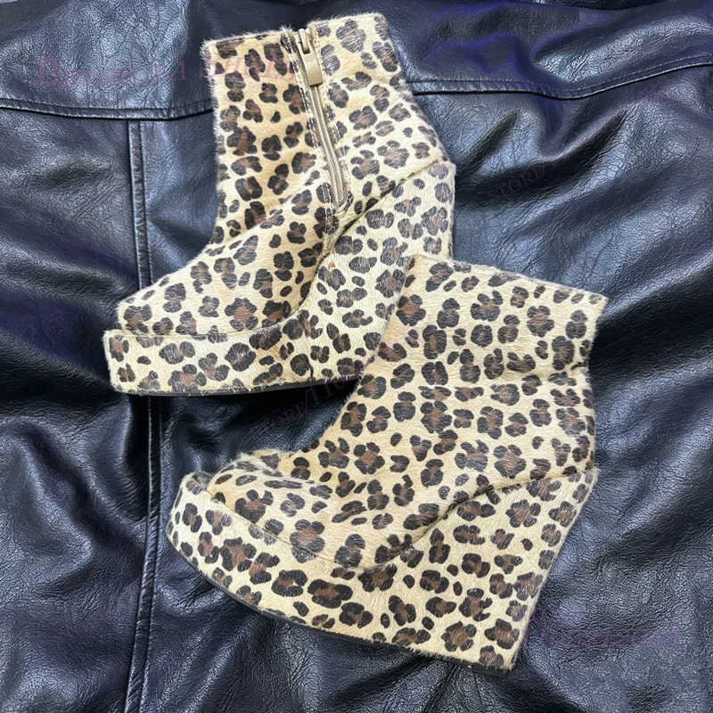 

Leopard Print Floral Suede Wedge Boots Women Khaki Brown High Platform Ankle Zippered Peep Toe Open Hot Chick Heels Casual Shoes