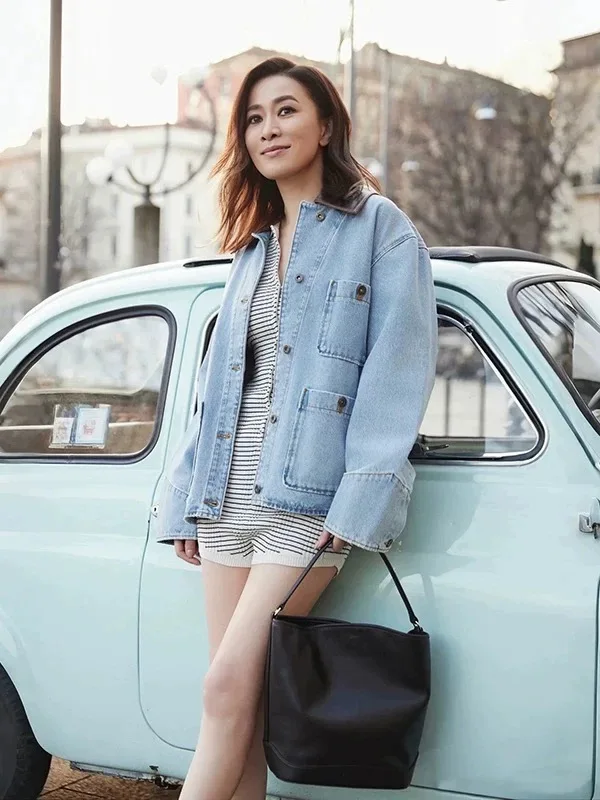 

S Home 2025 New Sle Hong Kong Sle Denim Fabric Jaet with Large kets And Leather Collar for Women Mid-Length Workwear