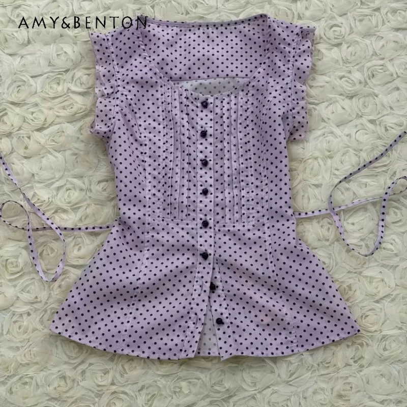 

Новая летняя женская рубашка 2026 года: фиолетовая, в горошек, на шнуровке, в корейском ретро-стиле, милая, без рукавов, универсальная, модная