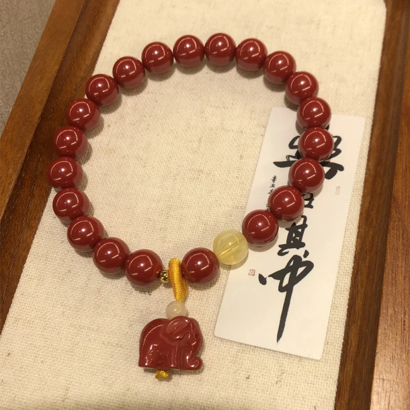 Original Cinnabar Bracelet for Women with High Content90%From Emperor Sandstone Elephant round Beads Hand Jewelry Animal Year Re