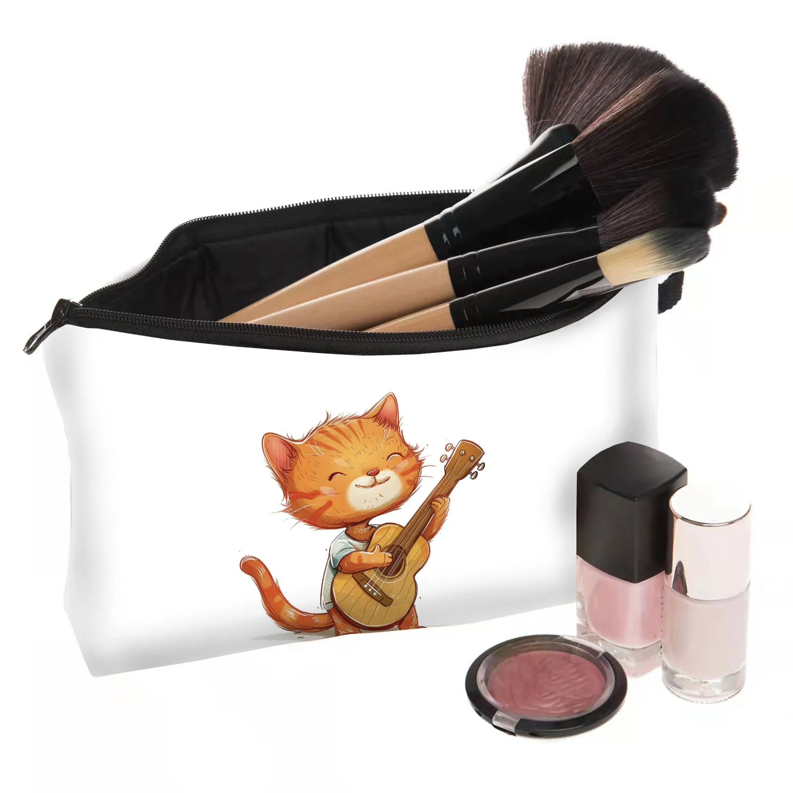 New Models, Cartoon Music Kitten Printed Cosmetic Bag, Hand-held Storage Lazy Portable Travel Bag, Toilet Bag Makeup Pouch